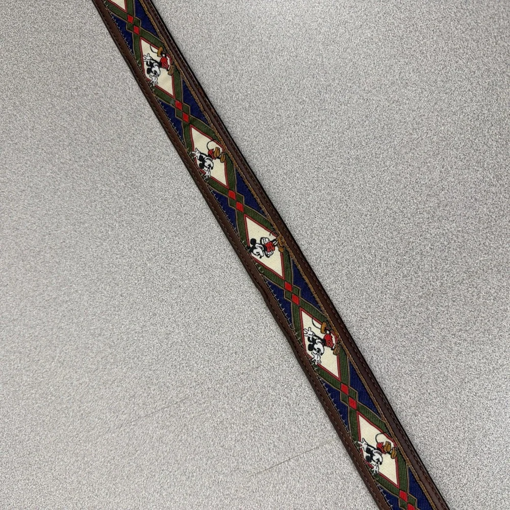 Disney Belt Mens 32 Brown Mickey Mouse Argyle Needlepoint Leather Brass Buckle